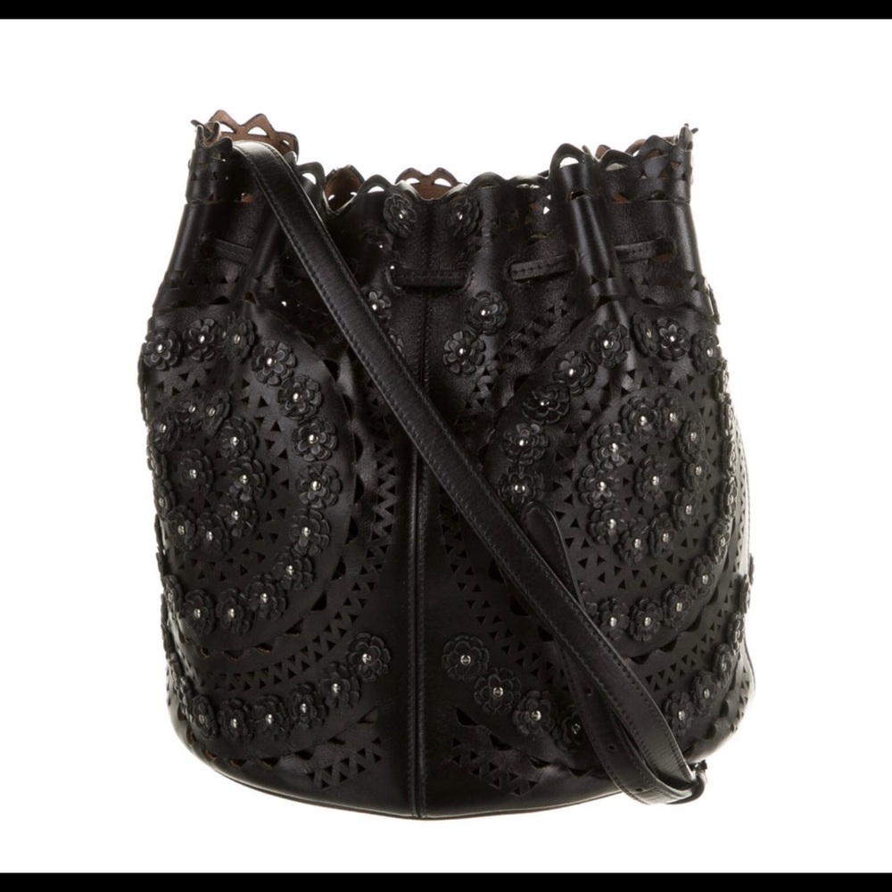 Alaïa Authentic studded black leather bucket bag.